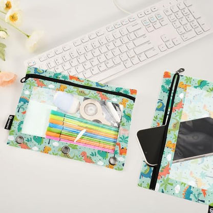 Funny Dinosaurs Pencil Pouches for 3 Ring Binder, Zipper Binder Pencil Case, 2 Pack Clear Window Case Bag for Office Organizers - color: Funny Dinosaurs