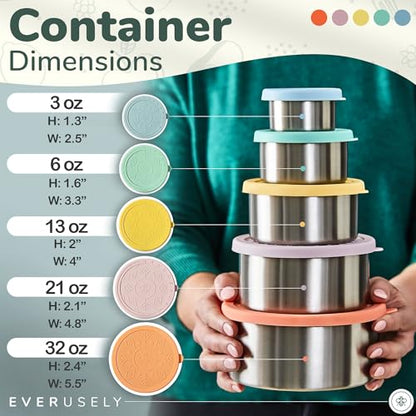 Stainless Steel Food Containers, Metal Lunch Boxes, Set of 5, Bright | Everusely lunch containers feature colorful lids and offer durable utility for snacks, meal prep, and food storage. - color: Bright