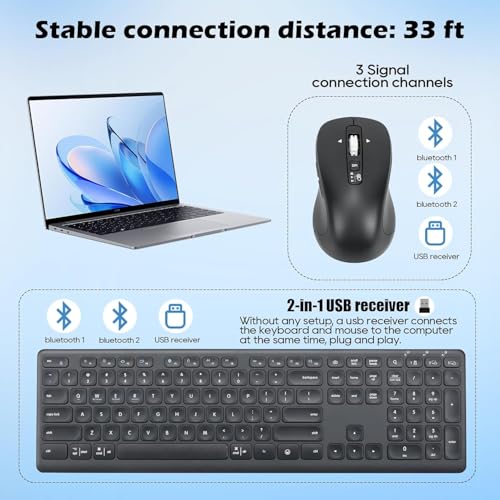 CITLLA Wireless Keyboard and Mouse Combo, Scissor-Switch Keys, 2-in-1 USB Receiver and Two Bluetooth, Multi Device Silent Design for Computer, Laptop, MacBook and iPad (Pure Black) - color: Pure Black