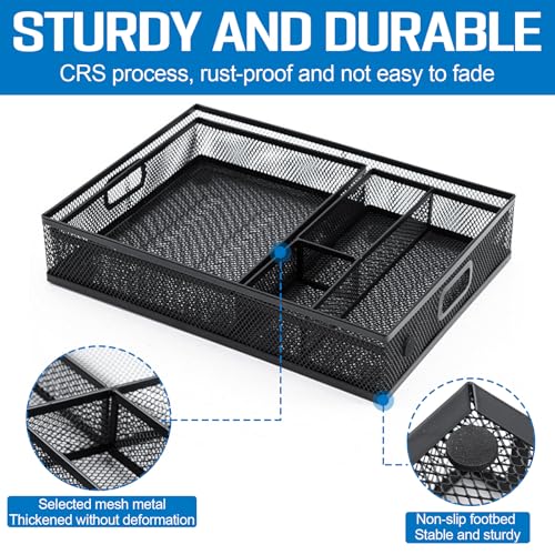 Mesh Metal Desk Drawer Organizer Tray 12.3"x8.3"x1.7" Pen Drawer Organizer Desktop Paper Storage Tray File Organizer with Handle for Home,Office,School Supplies Black