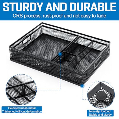 Mesh Metal Desk Drawer Organizer Tray 12.3"x8.3"x1.7" Pen Drawer Organizer Desktop Paper Storage Tray File Organizer with Handle for Home,Office,School Supplies Black