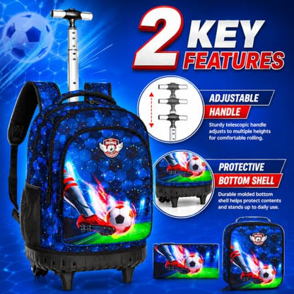 CCJPX 3PCS Rolling Backpack for Boys, 21 Inch Soccer Water Resistant Backpacks with Roller Wheels, Football Wheeled Bookbag for Teens Elementary School Travel-Blue - color: Rolling Soccer Black