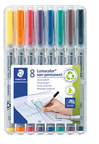 Staetdler Lumograph Non-Permanent Wet Erase Marker Pen, Low Odor Colored Markers, 8 Pack Assorted Colors, 311-WP8 - color: Red, Blue, Green, Yellow, Orange, Violet, Brown, Black, size: 1 Count (Pack of 8)8, style: Fine