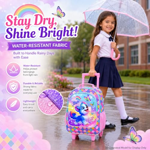 KLFVB Girls Bookbag with Wheels, 3PCS Kids Roller Backpack with Lunch Bag, Wheeled School Bag for Children - Dog - color: Upgraded UV Printing Dog Pink Rolling Backpack