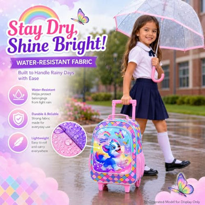 KLFVB Girls Bookbag with Wheels, 3PCS Kids Roller Backpack with Lunch Bag, Wheeled School Bag for Children - Dog - color: Upgraded UV Printing Dog Pink Rolling Backpack