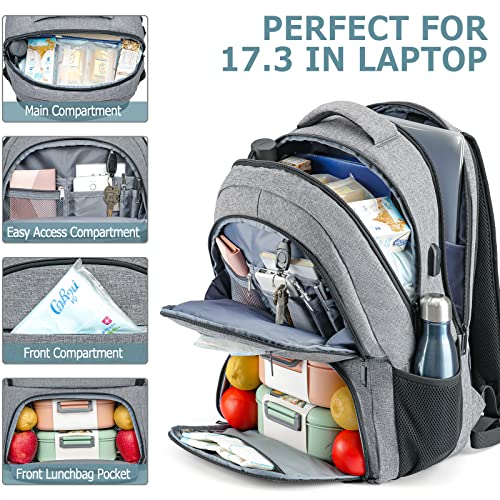 BIKROD unch Backpack, Insulated Cooler Lunch Bag Backpack, Large School Backpacks for Teen Boys Water Resistant Back Pack Gift for Men Fit 17 Inch Laptop - color: Grey