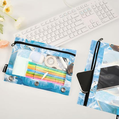 2 Pack Pencil Pouch for 3 Ring Binder Polar Bear Pencil Case Pouch with Clear Window Zipper Binder Pencil Pouches Pen Bag for Office School Supplies - color: Polar Bear