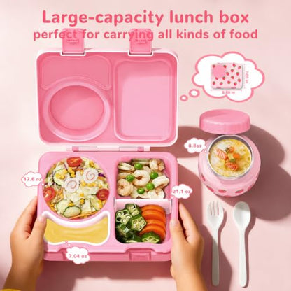 Kids Lunch Box with Thermo, Leakproof Bento Box for Kids with 8OZ Insulated Food Jar, Ice Pack, Sauce Cup, Utensils, Removable Tray & Dividers for School Daycare Travel (Strawberries) - color: Strawberries