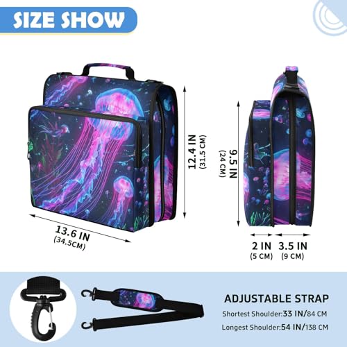 Jellyfish 2-inch 3 Ring Zipper Binder with Shoulder Strap Holds 14 Inch Laptop for Students and Office - color: Glowing Jellyfish