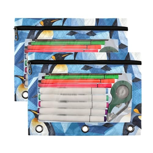 Kcldeci Pencil Pouch for 3 Ring Binder, Penguin Blue Crystal Ice 2 Pack Binder Pencil Pouch with Clear Window Pencil Bags with Zipper Pencil Case for Binder - color: C04