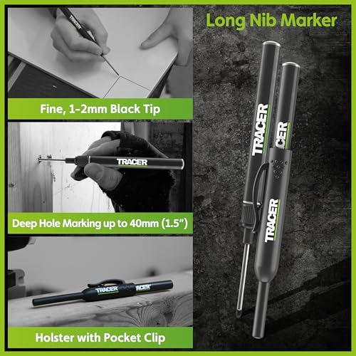 Tracer 5 Piece Construction Marker Kit - Deep Hole Carpenter Pencil Set with 2 Deep Hole Marking Pens, Heavy Duty Clog-Free Marker, 2.8mm Replacement Leads & Storage Case for Woodworking Tools - style: 5pc Set