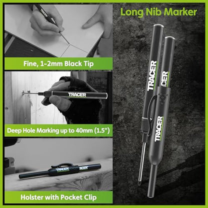 Tracer 5 Piece Construction Marker Kit - Deep Hole Carpenter Pencil Set with 2 Deep Hole Marking Pens, Heavy Duty Clog-Free Marker, 2.8mm Replacement Leads & Storage Case for Woodworking Tools - style: 5pc Set