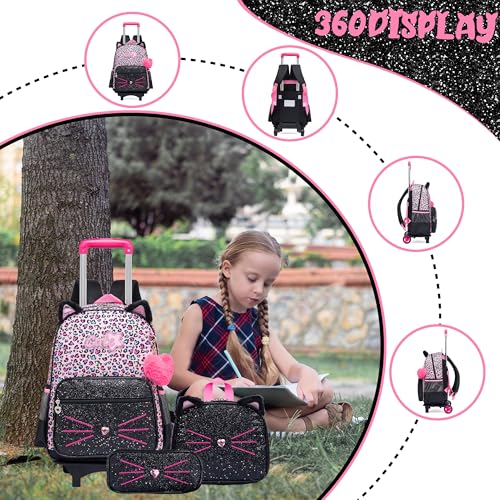 Meetbelify Girls Cute Backpack with Wheels for Elementary Students Kids Black Travel Luggage - color: Black Leopard Cat
