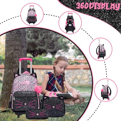 Meetbelify Girls Cute Backpack with Wheels for Elementary Students Kids Black Travel Luggage - color: Black Leopard Cat