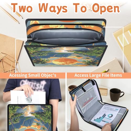 Summer Plam Sea Zipper Binder, 3 D-Ring Expanding File Folder with Handle & Adjustable Shoulder Strap, 400 Sheets Capacity Multi-Pocket Organizer for 13 Inch Laptop - color: Summer Plam Sea