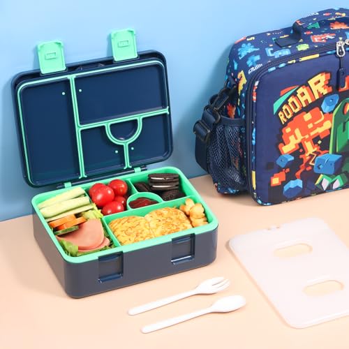 rockpapa Chill Bento Box for Kids- Large 5.5 Cups Lunch Box with Ice Pack - 5 Compartments, BPA-Free, Leak Proof, with Utensils & Portable Handle, Microwave/Dishwasher Safe (Blue Dinosaur) - color: Blue Dinosaur