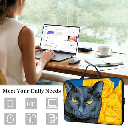 13 13.3 14 inch Laptop Sleeve with Handle, Black Cat Yellow Roses Water‑Resistant Laptop Carrying Case for MacBook Air 13-inch/MacBook Pro 13/14 inch/Dell/HP/Lenovo - color: Black Cat Yellow Roses, size: 13-14 inch Devices