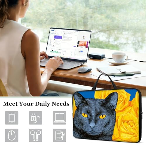 17 17.3 inch Laptop Sleeve with Handle, Black Cat Yellow Roses Water‑Resistant Laptop Carrying Case for HP 17.3 inch Laptop/HP Envy 17/Dell Inspiron 17/Lenovo Ideapad 17.3 - color: Black Cat Yellow Roses, size: 17-17.3 inch Devices