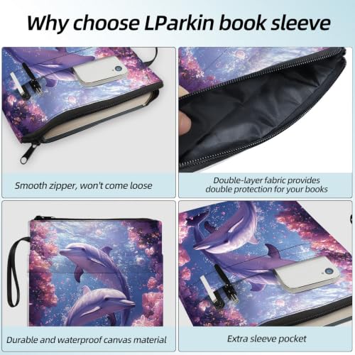 Padded Book Sleeve with Zipper & Front Pocket, Fabric Book Cover | Pink Purple Ocean Dolphins11.4"x8.7" Washable Canvas Pouch for Hardcovers, Tablets & Reading Accessories - color: Pink Purple Ocean Dolphins