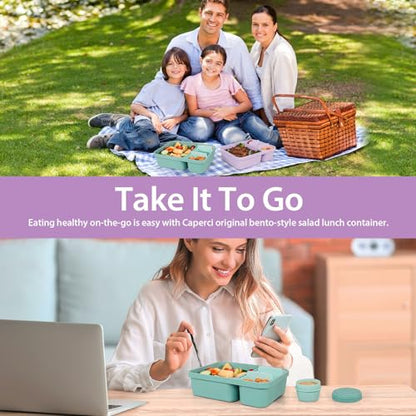 Caperci 2 Pack Salad Containers - Extra-Large 62 oz Bento Lunch Box for Adults, 2-Compartment Meal Prep Container with Removable Toppings Tray, Sauce Cup, Reusable Fork, BPA-Free (Purple & Green) - color: Khaki Green & Purple