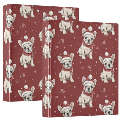 Fustylead Xmas Bulldog Puppy Wear Red Hat and Scarf 3 Ring Binder, D-Rings 1.5" Hardcover Folder, Fits 200 Sheets of A4 Paper, Durable Clipboard & Clean View with Inside Pockets for School Home Office - size: 12.4x10.63x2.36 Inch-2 Pack