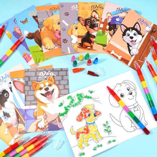 BenLouis 24 Dog Mini Coloring Books Kids with 24 Stacking Crayons Cute Puppy Party Favors Activity Books Bulk for Kids Pet Paw Goodie Bag Gift Stuffer Classroom Reward - style: Dog