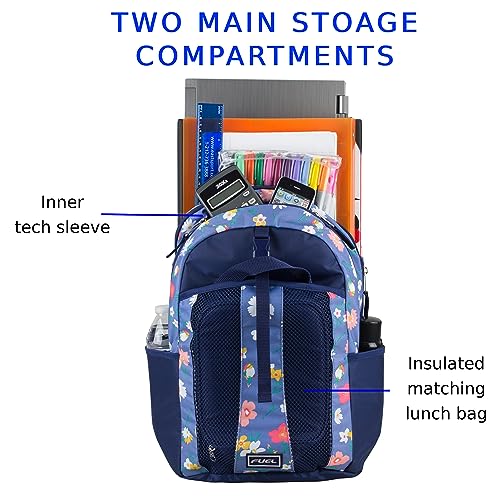 FUEL Teens Student Water Resistant Backpack Set Lunch Bookbag Bag Soft Reusable Insulated Cooler Lunch Box Thermal Travel Office Lunch Bag,Purple Flowers - color: Dfb