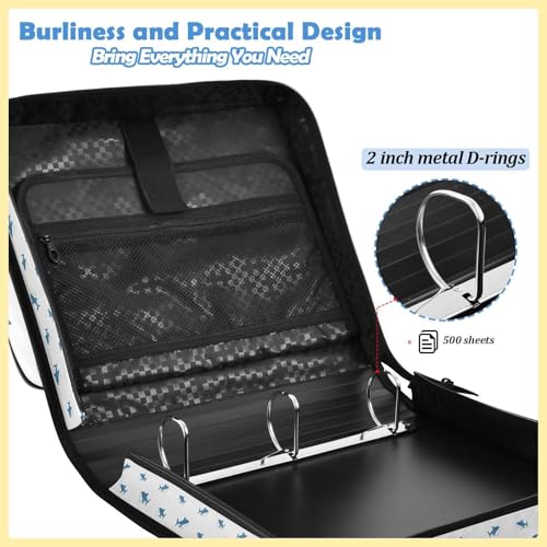 ATTX Mini Blue Shark Zipper Binder with Shoulder Strap, 2 Inch 3-Ring Binder Bag Fits 14" Laptop, 800-Sheet Large Capacity File Organizer