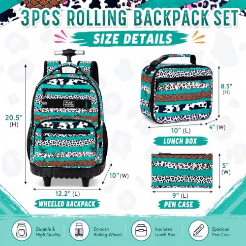 gxtvo Rolling School Backpack for Girls, Women Roller Bookbag with Lunch Box for Adults, Water Resistant Wheeled School Bag for College Teens Kids Travel - Leopard Print & Green Stripe - color: Leopard Print Green Stripe