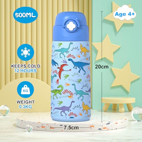 Boys Insulated Water Bottle with Covered Pop-Up Straw,16 oz Kids Cups with Stainless Steel Leak Proof for School（Blue-Dinosaur） - color: A21.Dinosaur, style: 1Pack