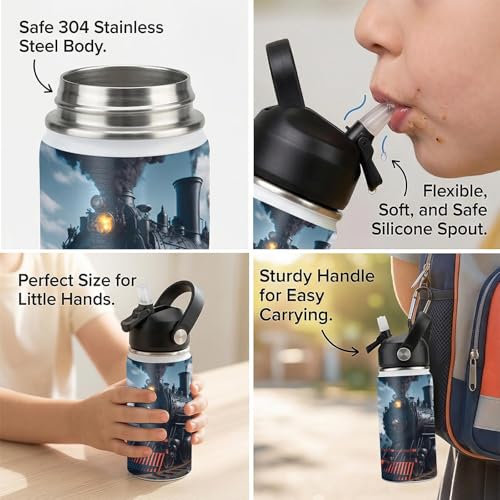 Train Kids Water Bottle 12oz Stainless Steel Insulated Bottle Vacuum Leak Proof Straw Lid with Double Wall BPA Free School (Color4) - color: Color4