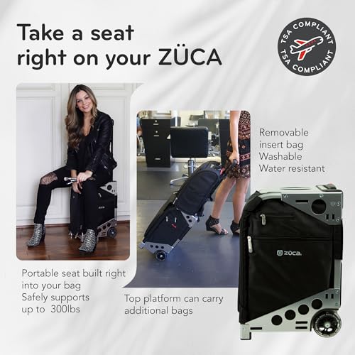 ZUCA Travel Cases for Artists & Professionals - Makeup Case with 4 Vinyl Utility Pouches, Travel Cover, 41" Telescoping Handle, Rolling Wheels & Sturdy Aluminum Frame for Makeup Artists and Creatives - color: Black w/ Silver Frame, style: Pro