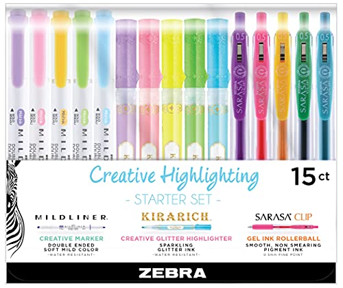 Zebra Pen Creative Starter Set 15-Pack, Includes 5 Kirarich Highlighters, 5 Mildliner Creative Markers, and 5 Sarasa Clip Retractable Gel Pens, Assorted Ink Colors, Ideal For Journaling (76015) - style: Journaling and Creative Notetaking Set