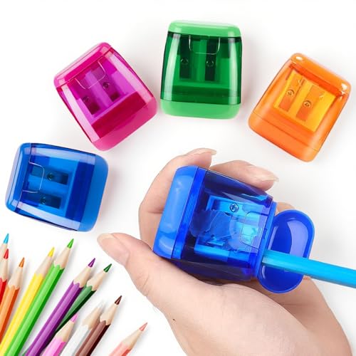 4PCS Dual Hole Pencil Sharpener Set with Container, Portable Manual Sharpeners for School Office Desk and Home Study Accessories(Blue,Green,Pink,Orange,F) - color: Blue,green,pink,orange