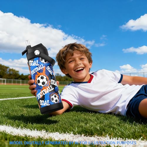 Boys Soccer Water Bottle for School，Kids 18 oz Insulated Stainless Steel Cup with Straw, Double-Wall Vacuum Leakproof - color: C9.Soccer
