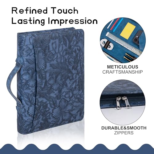 Dark Blue Embossed Portfolio,Business Zipper Binder with Handle,3 Ring Binder with Zipper 1 inch,PU Leather Portfolio,A4 Planner Folder with Laptop Pocket, Professional Organizer for Resume/Interview