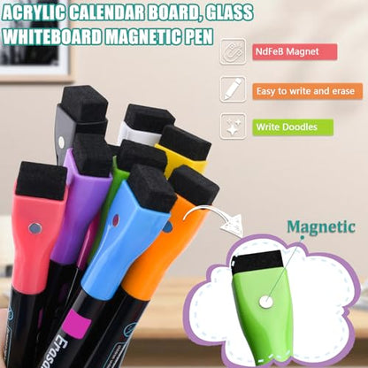 Magnetic Wet Erase Markers, Liquid Chalk Markers Ultra Fine Tip for Acrylic Calendar, Whiteboard Marker with Erasers Cap for Planning Board, Clear Glass, Low Odor Fine Tip Wet Wipe Pens, 8 Pack - style: Fine Tip-8 pack