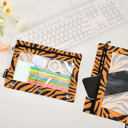 2 Pack 3 Ring Binder Pencil Pouch Tiger Print Pencil Case Pencil Bags with Zipper, Clear PVC Binder Pockets for Office Daily Supplies - color: Color 5