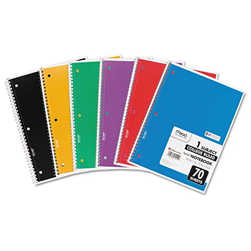 Mead Spiral Notebook, 1 Subject, College Ruled Paper, 70 Sheets, 10-1/2" x 7-1/2", Assorted Colors (05512) - size: 1 Count (Pack of 1)
