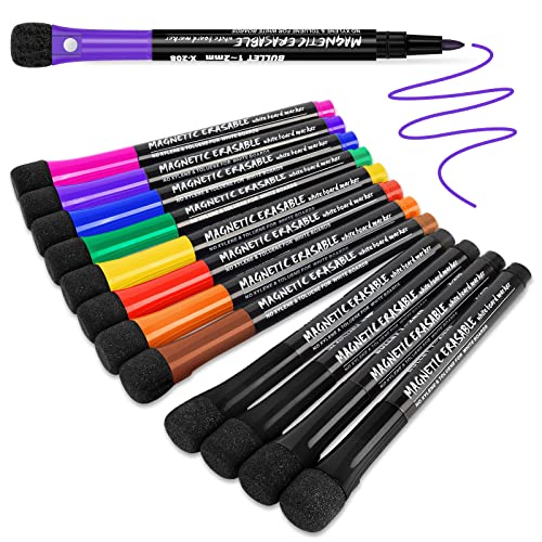JR.WHITE Magnetic Dry Erase Markers Fine Tip, 9 Colors (12 Pack) Whiteboard Markers with Eraser Cap, Low Odor Erasable Markers Dry Erase Pens for Calendar Whiteboard, Refrigerator, Classroom, Office - color: 9 Colors(12 Pack)