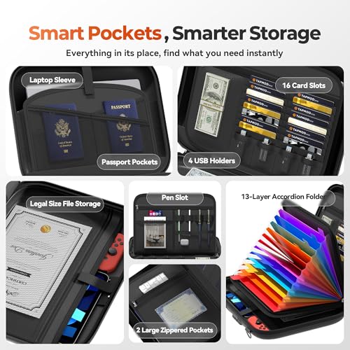 Nacial Fireproof Document Box with Lock & Shoulder Strap, Hard-Shell Fireproof File Organizer with 13 Pocket Accordion File Folder, Portable Safe Storage for Important Documents, Laptop, Black