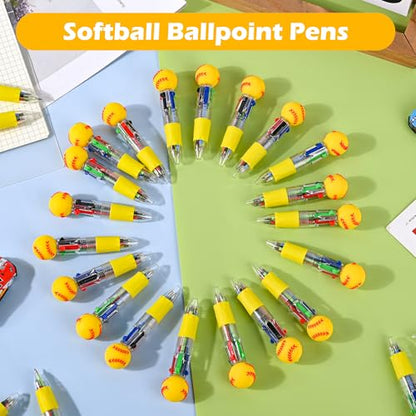 LiYiQ 25 Pcs Softball Multicolor Pen in One Cartoon Cute Fun 4-in-1 Cute Pens Bulk Kawaii Softball Shape Cool Ballpoint Pens Fun Gifts - style: Softball