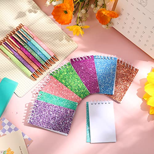Sherr 16 Pcs Glitter Pens and Notebooks Set Mini Spiral Notepads Fancy Pens for Kids Girls Women Sparkly Sequins Journaling Ballpoint Christmas Birthday Gift Classroom Rewards(Classic Color) - color: Multi Color