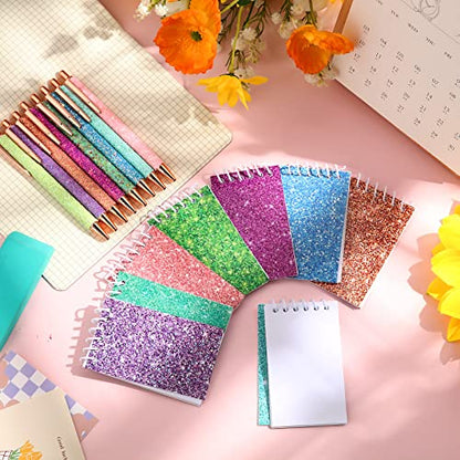 Sherr 16 Pcs Glitter Pens and Notebooks Set Mini Spiral Notepads Fancy Pens for Kids Girls Women Sparkly Sequins Journaling Ballpoint Christmas Birthday Gift Classroom Rewards(Classic Color) - color: Multi Color