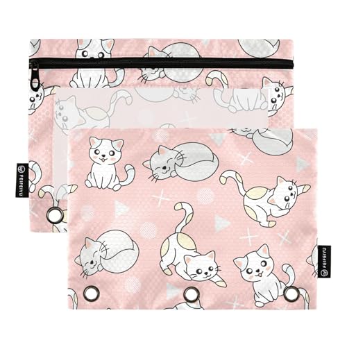 Cute Animal Cats Pink Pencil Pouch for 3 Ring Binder, Three Hole Pencil Case for Binder Bulk Pencil Bag with Clear Window and Zipper for Office School College, 2 Pack, 9.84*7.08in - color: Multicolor 13