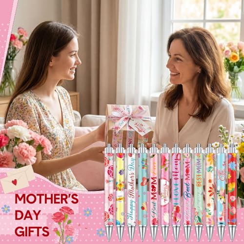 Cholemy 48 Pcs Mother's Day Ballpoint Pens Bulk Flower Happy Mother's Day Writing Pens Best Mom Ever Black Gel Ink for Women Mom Birthday Gifts Office Party Supplies Favors - style: Mother's Day