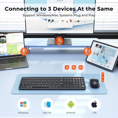 MEETION Bluetooth Keyboard and Mouse, 2.4G + Dual Bluetooth Multi Device, Full Size Silent Ergonomic Keyboard with 4 Level DPI Adjustable Wireless Mouse for Windows, Mac OS Desktop/Laptop/PC, Black - color: Matte Black