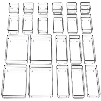 SMARTAKE 22-Piece Drawer Organizer with Non-Slip Silicone Pads, 4-Size Clear Desk Drawer Organizer Trays Storage Tray for Makeup, Jewelries, Utensils in Bedroom Dresser, Office and Kitchen, Clear - size: Large
