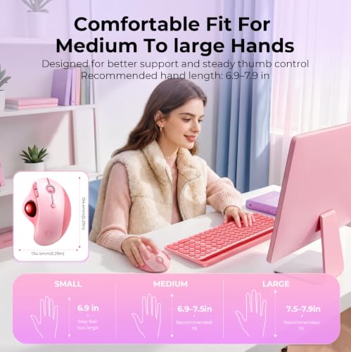 seenda Wireless Trackball Mouse, Ergonomic Bluetooth Rollerball Mouse Rechargeable, 3 Device Connection Optical Mice Adjustable DPI Thumb Control Mice Compatible for PC/Laptop/Windows/Mac - Pink - color: Pink