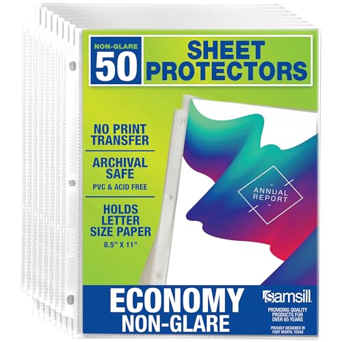 Samsill 50 Pack Sheet Protectors, 8.5x11 Inch Page Protectors for 3 Ring Binder, Standard Weight, Non-Glare Protector, Letter Size, Top Loading, Acid Free - color: Non-glare, size: 50-Pack